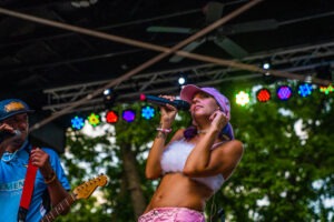 A singer vibing to her music